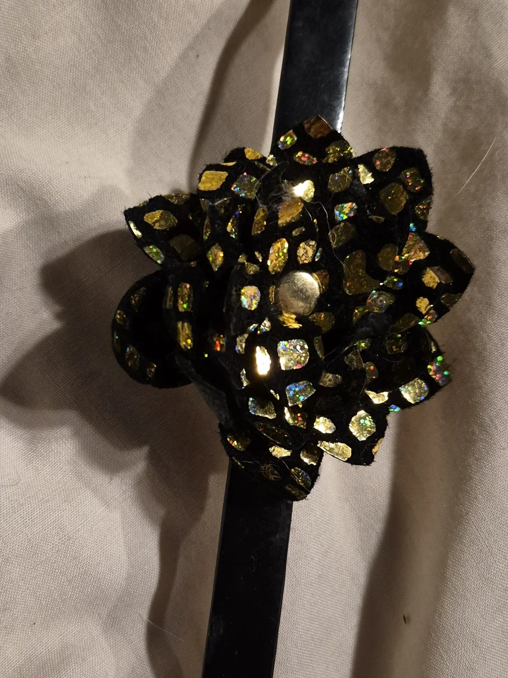 Rustic Cuff Black Floral Bracelet with Iridescent Accents